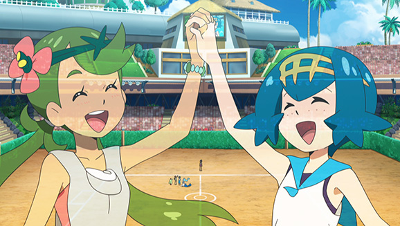 Mallow and Lana high fiving with the arena in the background