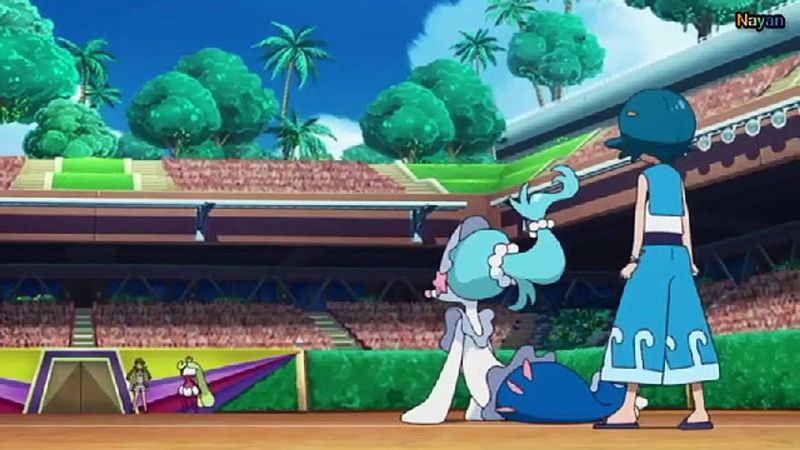 Trainer Lana and her pokémon in the Arena ready to battle