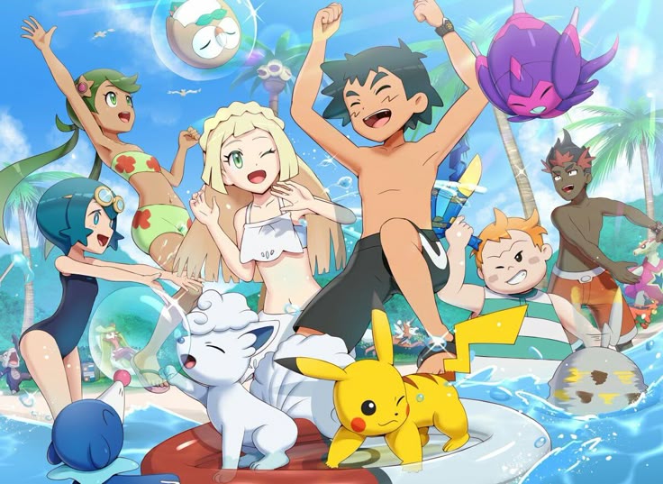 People and Pokémon having fun at the Beach