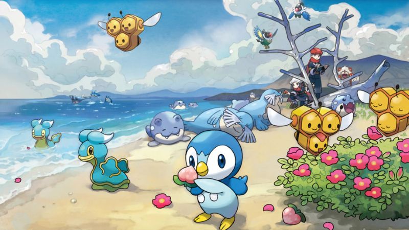 Various Pokémon picking berries on the beach