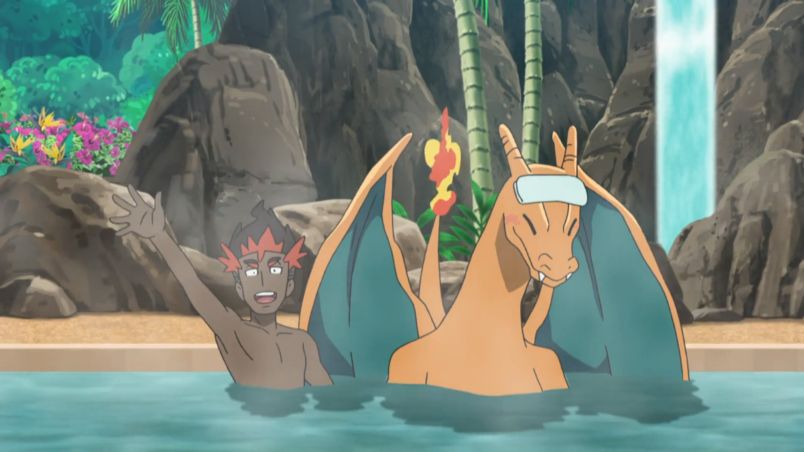 Trainer Kiawe and Charizard in the hot springs