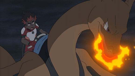 Trainer Kiawe on charizard who is practicing a fire move