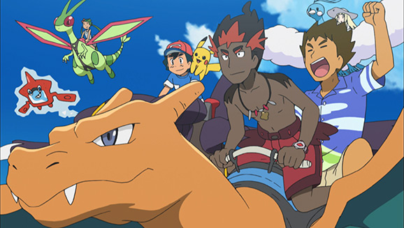 Trainer Kiawe flying on Flygon with Mallow and Flygon in the distance