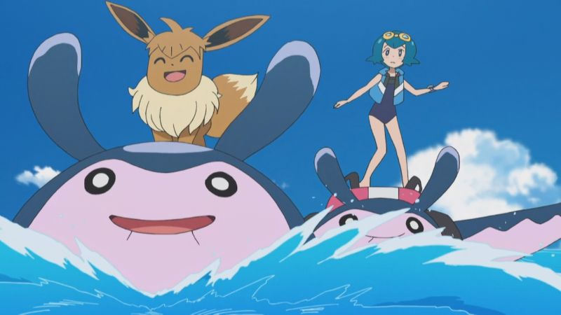 A class being lead by Lana, teaching surfing on Pokémon on water