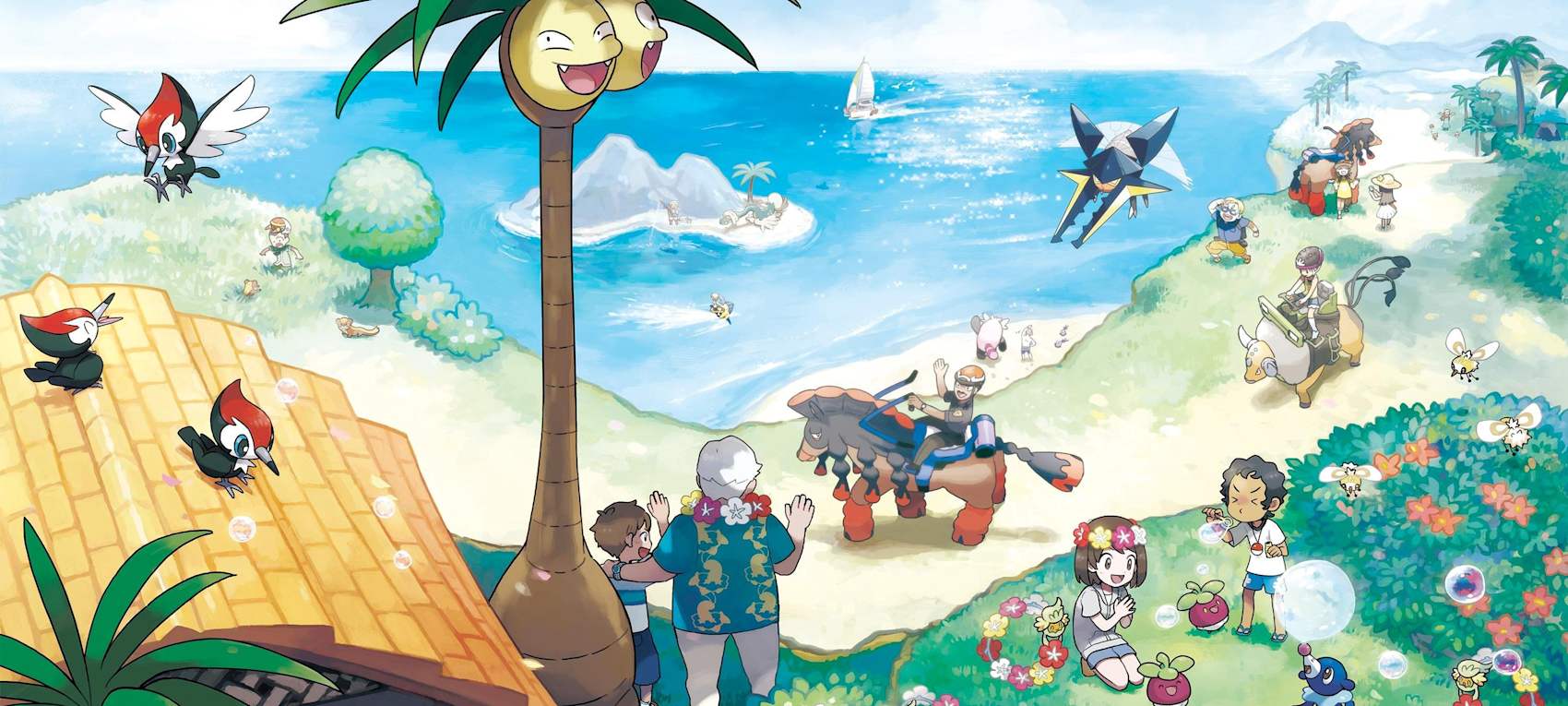 Various trainers and pokémon enjoying the island