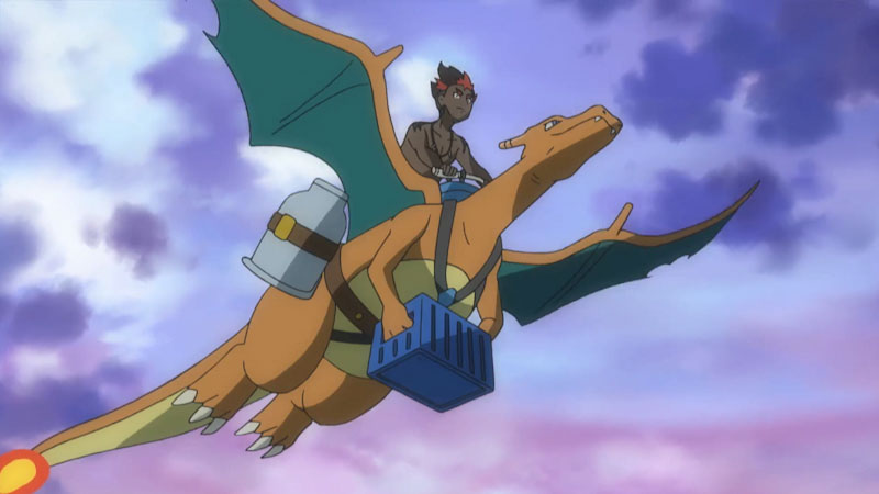 Trainer Kiawe delivering food supplies with Charizard