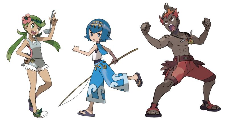 A photograph of our three trainers, Kiawe, Mallow and Lana